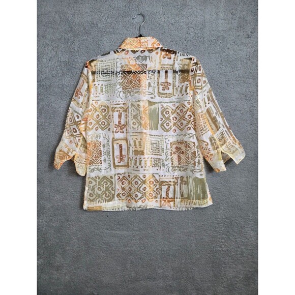 Womens Sheer Mesh Gauze Top See Through Blouse M/L White Yellow Brown Aztec - Picture 6 of 8